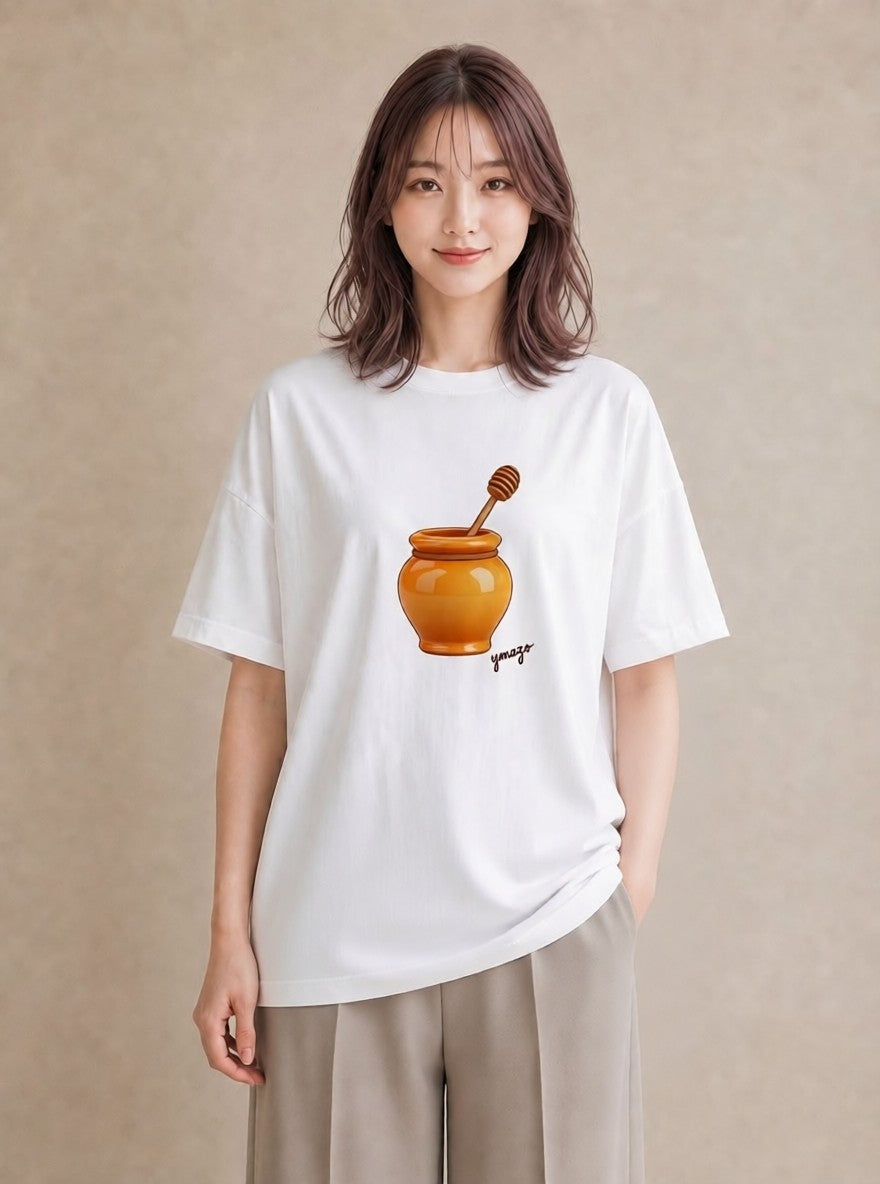 グラフィックTシャツ レディース はちみつ 食べ物 フード イラスト ユニーク デイリーウェア 休日 白T YMAZO