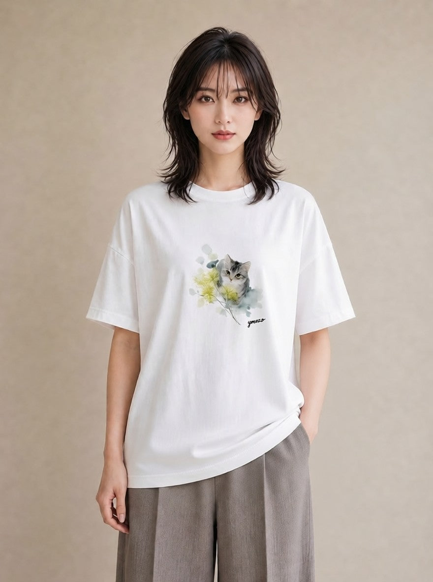 プリントTシャツ レディース 猫好き 猫 ねこ イラスト 淡色 友達ギフト 部屋着 白T YMAZO