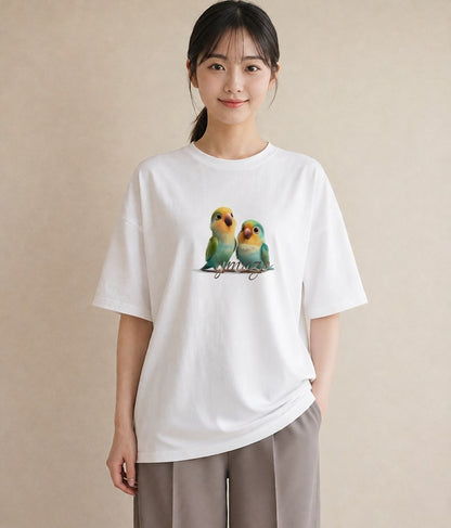 グラフィックTシャツ レディース セキセイインコ ペット 動物 イラスト フェミニン 姉妹 送別ギフト 白T YMAZO