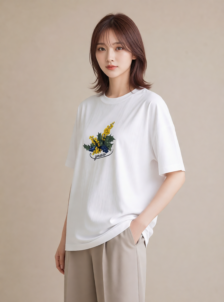 半袖Tシャツ レディース 金木犀 花 花柄 イラスト レトロ ペアコーデ 秋コーデ 白T YMAZO
