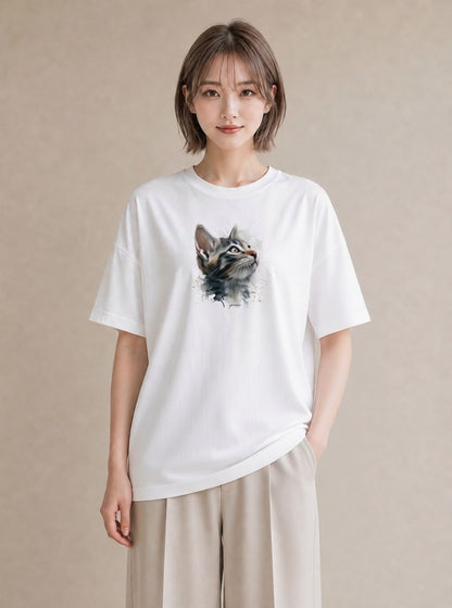 半袖Tシャツ レディース 猫 ねこ イラスト きれいめカジュアル 在宅 公園 白T YMAZO