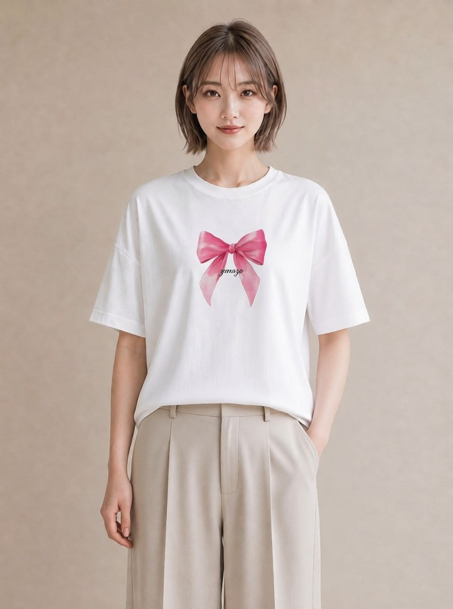 Tシャツ レディース リボン 蝶結び ナチュラル アンティーク イラスト ミニマル 春コーデ 姉妹 白T YMAZO
