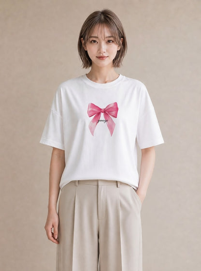 Tシャツ レディース リボン 蝶結び ナチュラル アンティーク イラスト ミニマル 春コーデ 姉妹 白T YMAZO