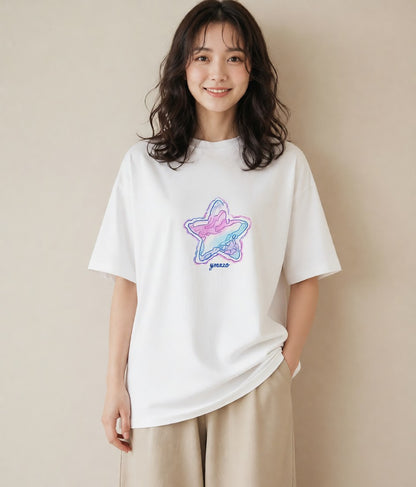 グラフィックTシャツ レディース 星 星空 宇宙 イラスト フェミニン 買い物 夏コーデ 白T YMAZO