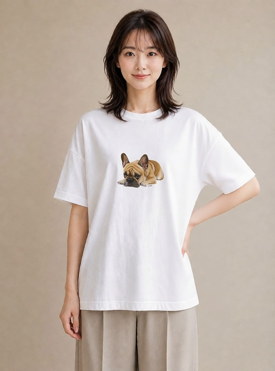 デザインTシャツ レディース フレンチブルドッグ フレブル 犬 いぬ イラスト カフェコーデ 誕生日プレゼント 綿100 白T YMAZO
