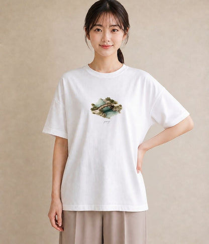 プリントTシャツ レディース 桟橋 水辺 波止場 ナチュラル アンティーク イラスト 韓国風 在宅 公園 白T YMAZO