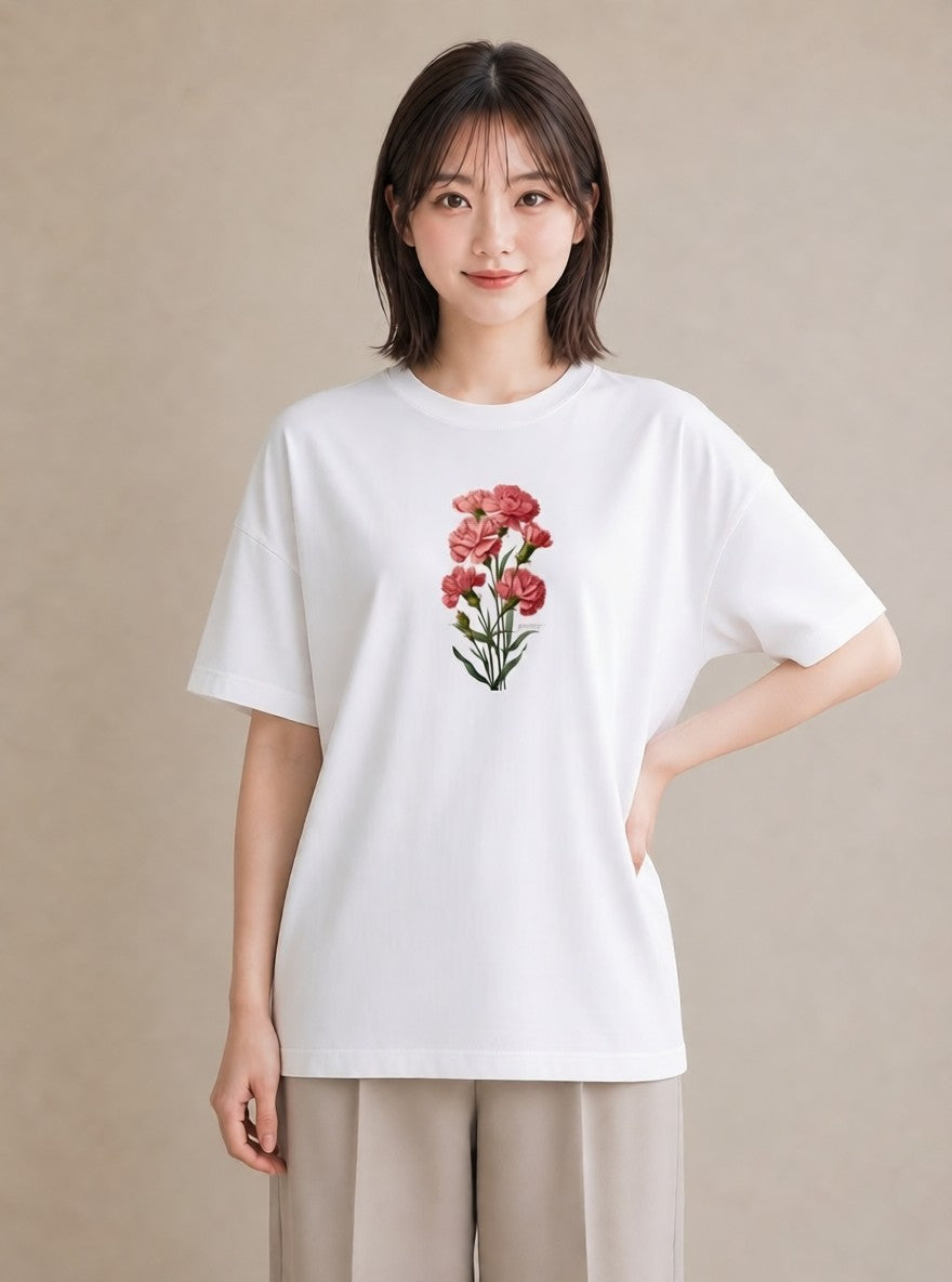 デザインTシャツ レディース カーネーション 花 花柄 イラスト 休日コーデ 春服 ミセス 白T YMAZO
