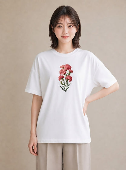 デザインTシャツ レディース カーネーション 花 花柄 イラスト 休日コーデ 春服 ミセス 白T YMAZO