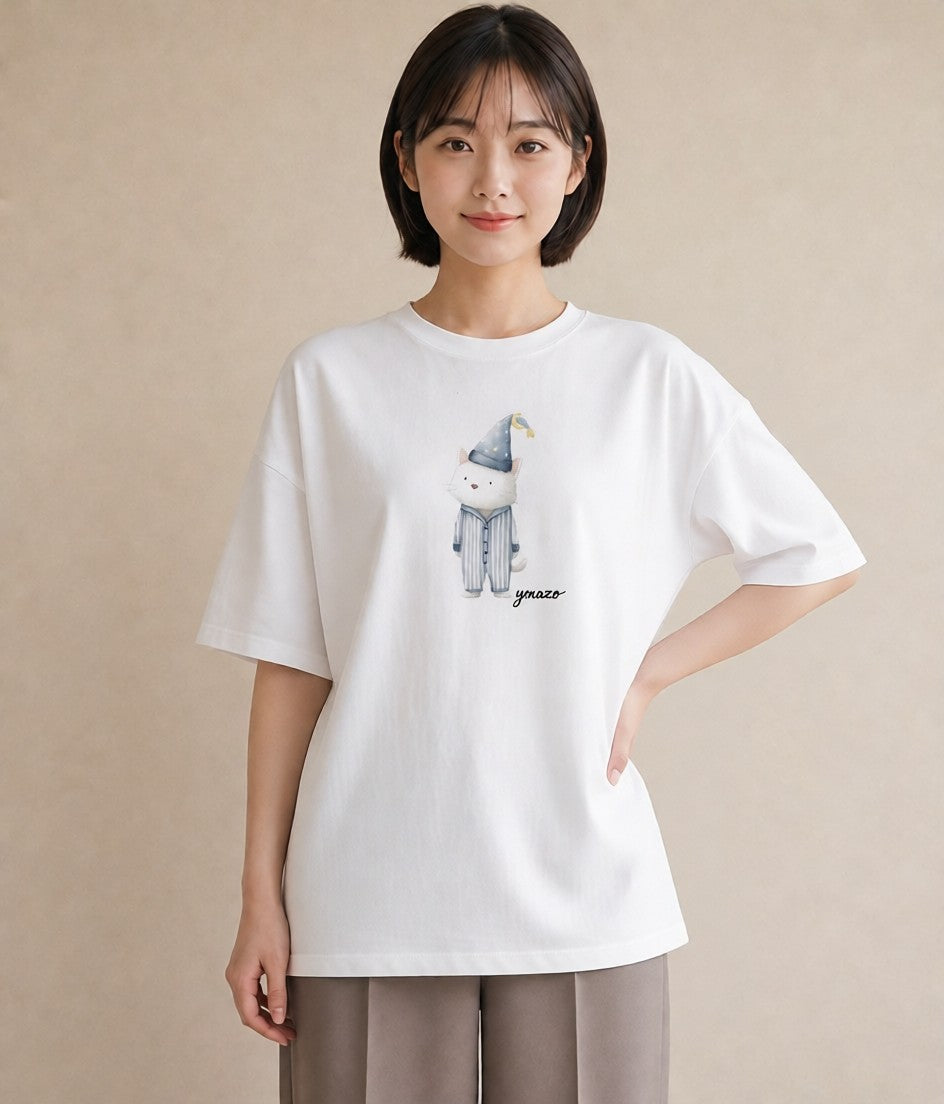 プリントTシャツ レディース ハチワレ 白黒猫 猫 ねこ イラスト ユニーク 女子会 お揃い 白T YMAZO