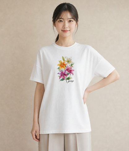 グラフィックTシャツ レディース ゆり 百合 花 花柄 イラスト カフェコーデ 旅行用 海 白T YMAZO