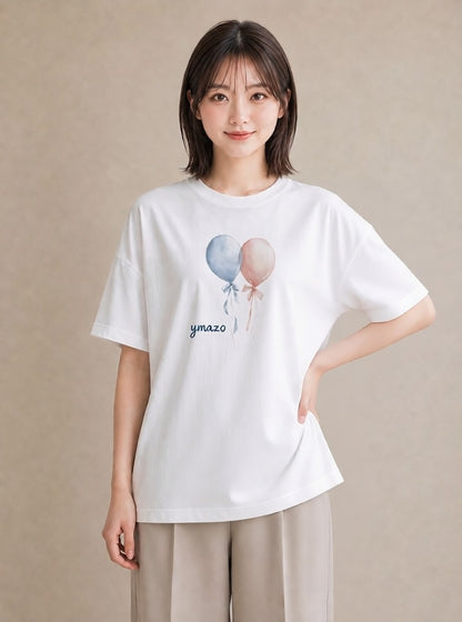 半袖Tシャツ レディース 紙風船 和紙 ナチュラル アンティーク イラスト 個性的 自分用 ルームウェア 白T YMAZO