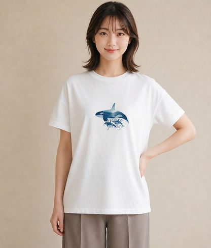 Tシャツ レディース クジラ 海の生き物 海 イラスト レトロ 部屋着 女性向けギフト 白T YMAZO