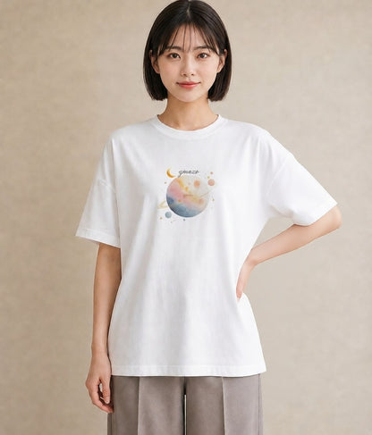 プリントTシャツ レディース 牡牛座 星空 宇宙 イラスト カフェコーデ 綿100 デート 白T YMAZO