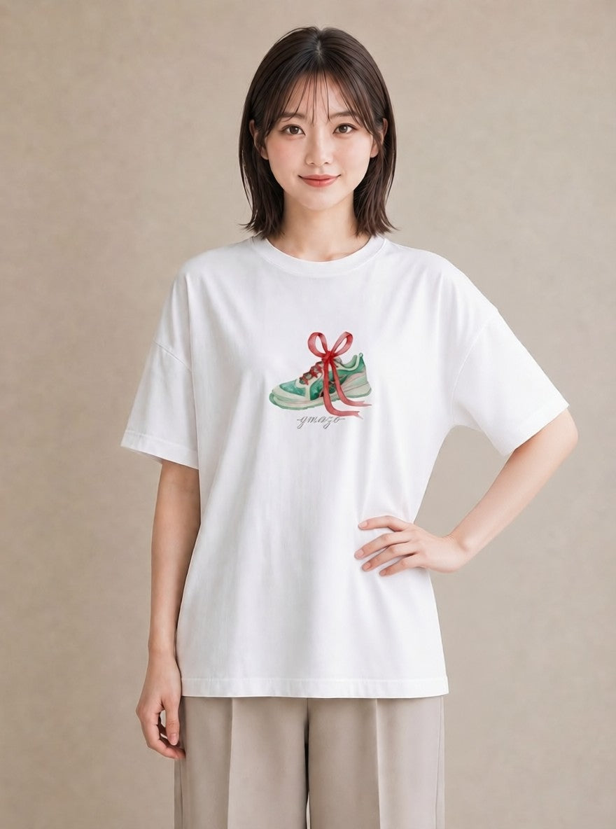半袖Tシャツ レディース バレエシューズ バレエ トウシューズ ナチュラル アンティーク イラスト ミニマル ホワイトデー 春服 白T YMAZO