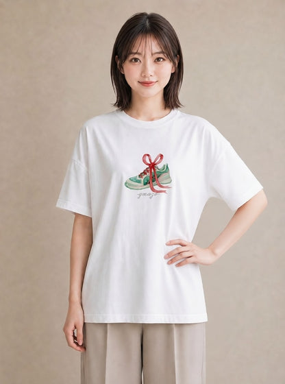 半袖Tシャツ レディース バレエシューズ バレエ トウシューズ ナチュラル アンティーク イラスト ミニマル ホワイトデー 春服 白T YMAZO