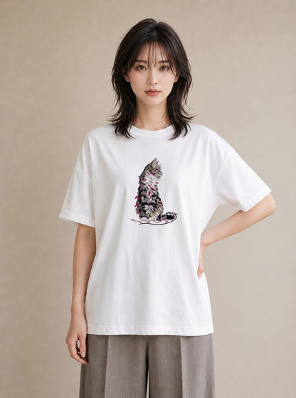 Tシャツ レディース メインクーン 猫 ねこ イラスト 可愛い 部屋着 女性向けギフト 白T YMAZO