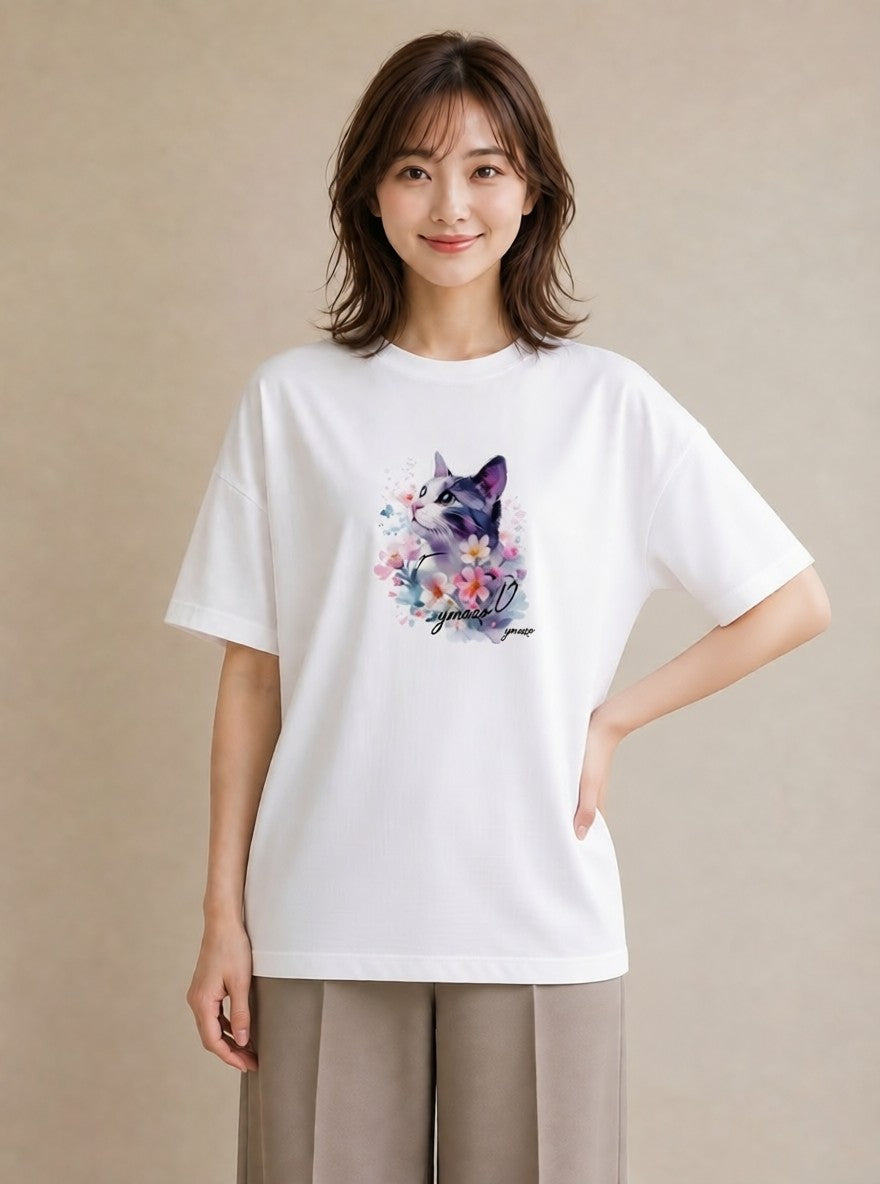 半袖Tシャツ レディース ペルシャ 猫 ねこ イラスト 個性的 カフェ服 クリスマス 白T YMAZO