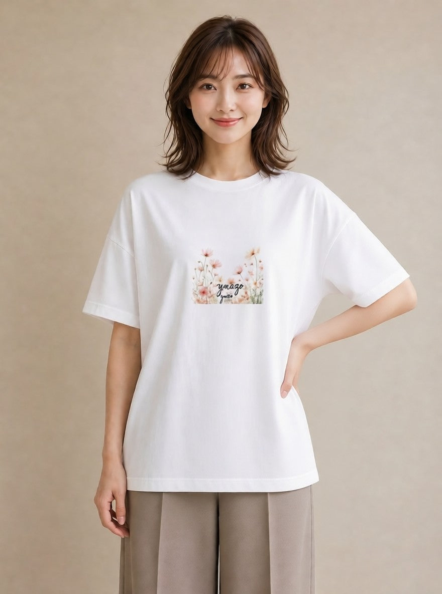 グラフィックTシャツ レディース コスモス 秋桜 花 花柄 イラスト ギフト 母の日 白T YMAZO