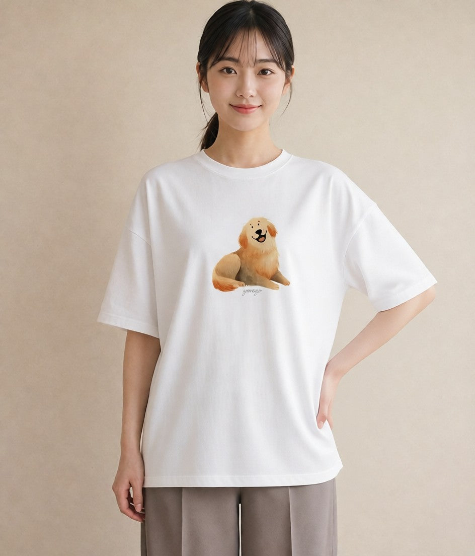 デザインTシャツ レディース ゴールデンレトリバー ゴールデン 犬 いぬ イラスト 上品 ミセス 春コーデ 白T YMAZO