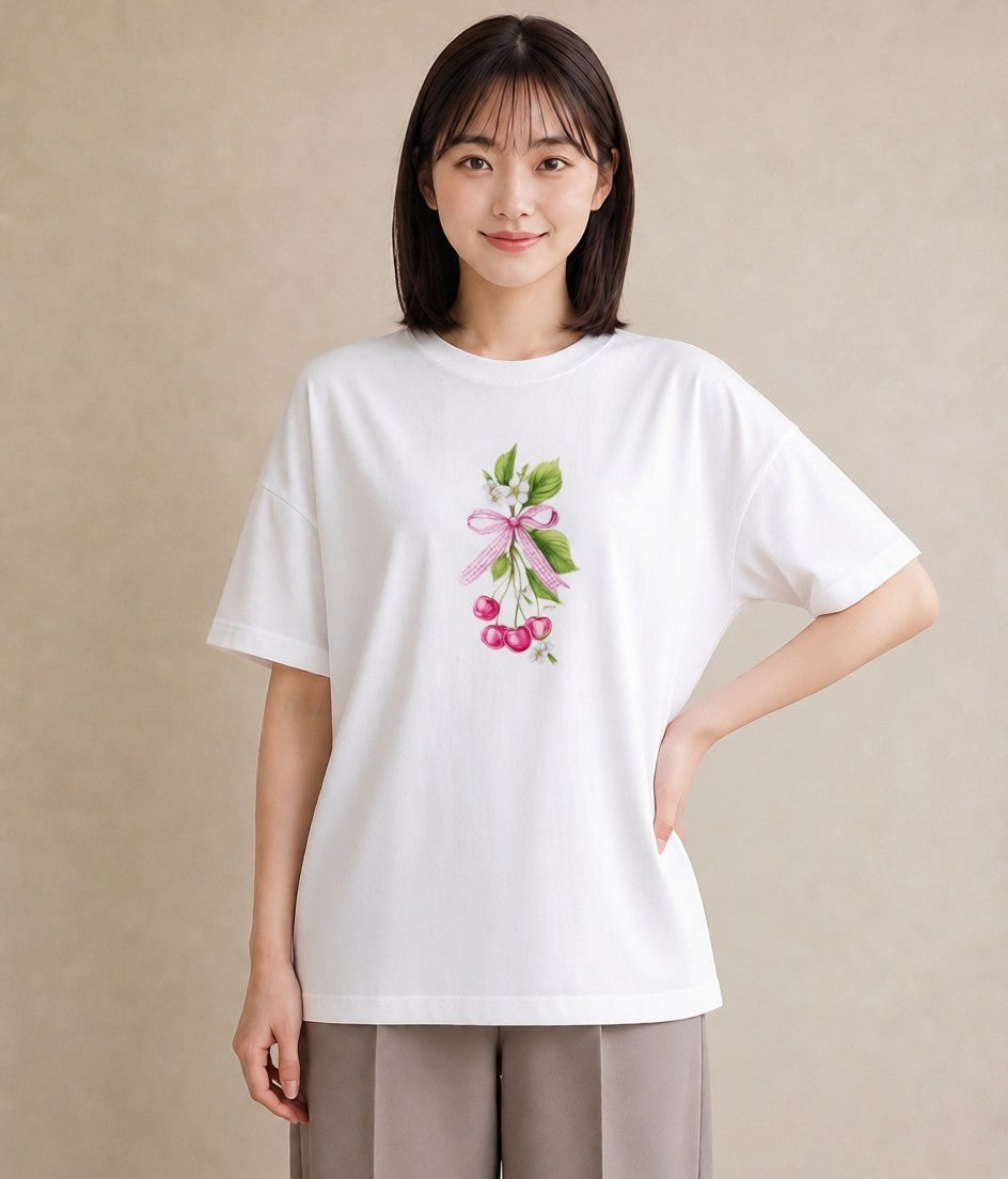 デザインTシャツ レディース さくらんぼ チェリー 食べ物 フード イラスト レトロ 自分用 ルームウェア 白T YMAZO