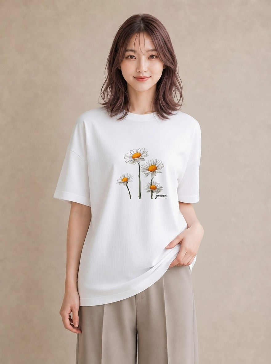 グラフィックTシャツ レディース デイジー 花 花柄 イラスト きれいめ 誕生日プレゼント 綿100 白T YMAZO