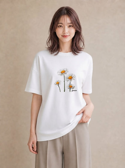 グラフィックTシャツ レディース デイジー 花 花柄 イラスト きれいめ 誕生日プレゼント 綿100 白T YMAZO