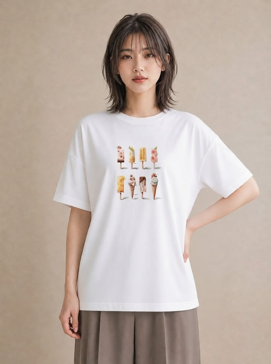 半袖Tシャツ レディース アイス 食べ物 フード イラスト ゆるコーデ ママ カフェ服 白T YMAZO