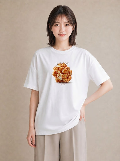 デザインTシャツ レディース ポップコーン 食べ物 フード イラスト きれいめカジュアル 在宅 公園 白T YMAZO