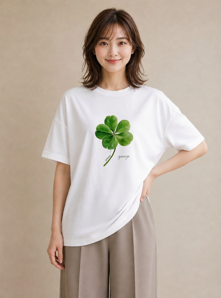 プリントTシャツ レディース クローバー 四つ葉 花 花柄 イラスト 上品 綿100 デート 白T YMAZO