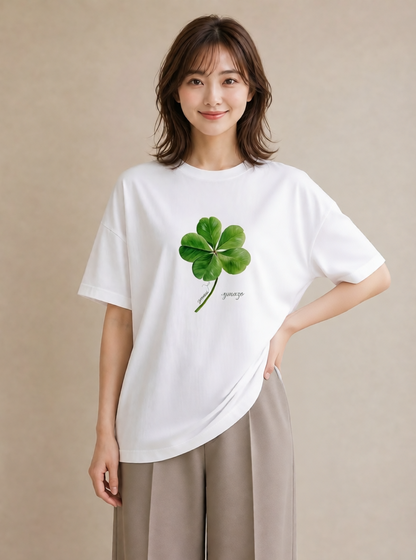 プリントTシャツ レディース クローバー 四つ葉 花 花柄 イラスト 上品 綿100 デート 白T YMAZO