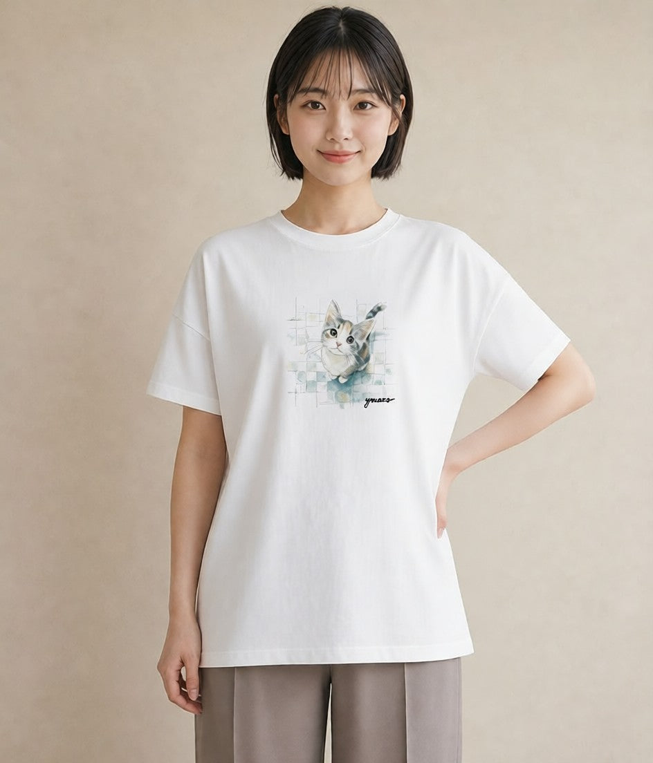 Tシャツ レディース ぶち猫 猫 ねこ イラスト ニュアンス 誕生日プレゼント 綿100 白T YMAZO