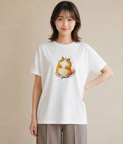 プリントTシャツ レディース 茶トラ 茶猫 猫 ねこ イラスト 淡色 デイリーウェア 休日 白T YMAZO