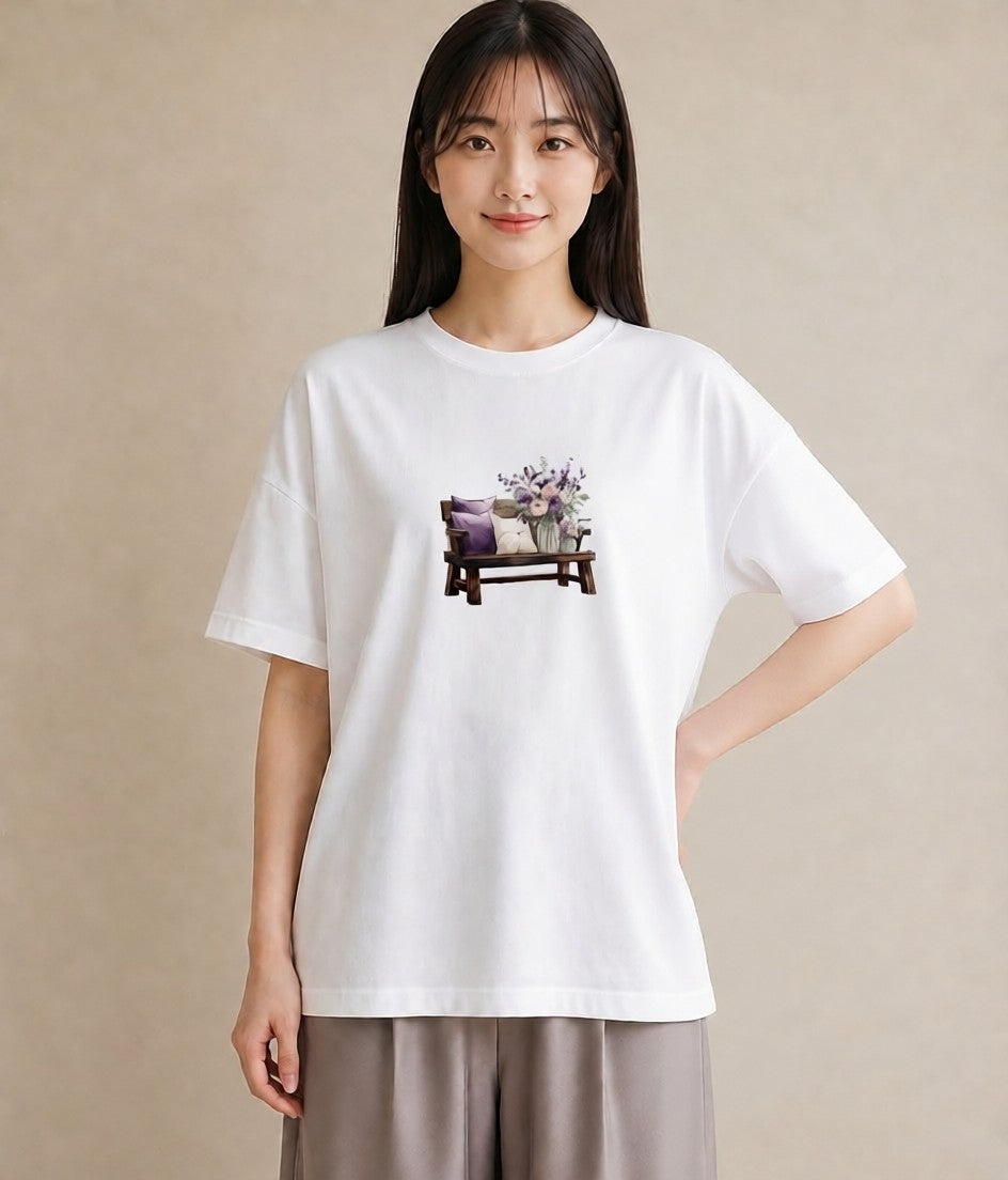 Tシャツ レディース 雨上がりのベンチ ベンチ ナチュラル アンティーク イラスト ミニマル 自分用 ルームウェア 白T YMAZO