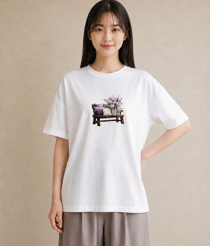 Tシャツ レディース 雨上がりのベンチ ベンチ ナチュラル アンティーク イラスト ミニマル 自分用 ルームウェア 白T YMAZO