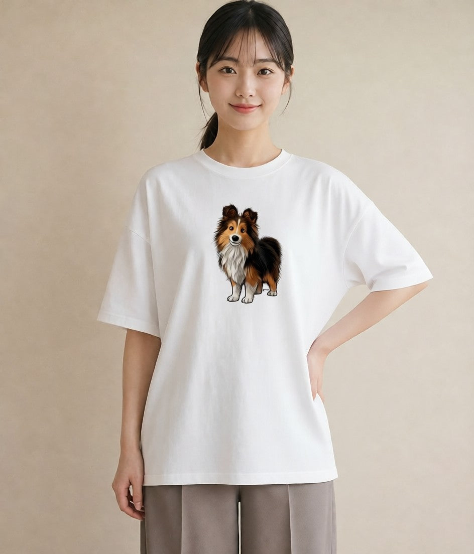 Tシャツ レディース シェットランドシープドッグ 犬 いぬ イラスト 可愛い 公園 ママ 白T YMAZO