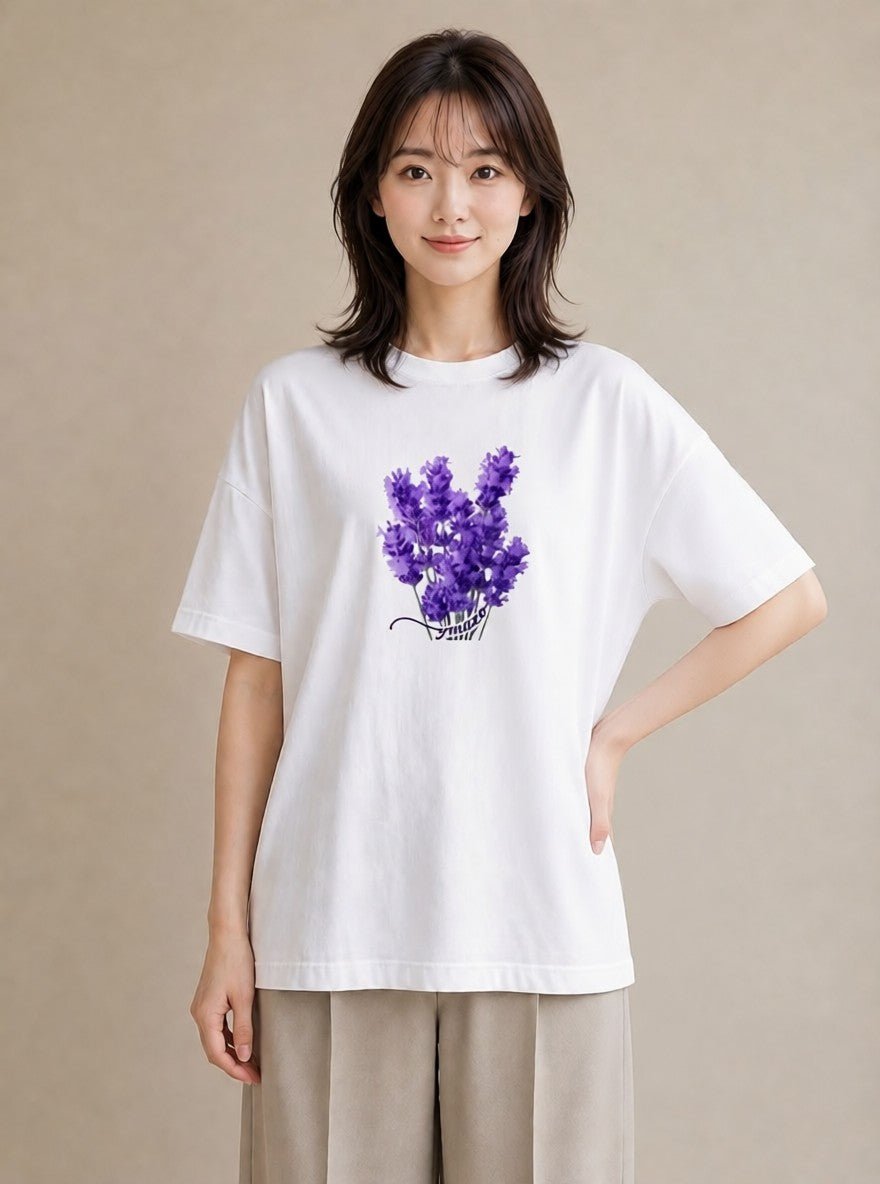 半袖Tシャツ レディース ラベンダー 花 花柄 イラスト 韓国風 誕生日プレゼント 綿100 白T YMAZO