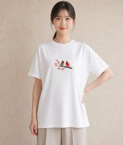 Tシャツ レディース 遠い家と鳥 風景 鳥 ナチュラル アンティーク イラスト 抜け感 母娘コーデ 自分用 白T YMAZO