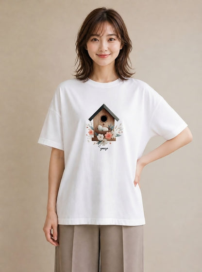 デザインTシャツ レディース 遠い家と鳥 風景 鳥 ナチュラル アンティーク イラスト ミニマル 綿100 デート 白T YMAZO