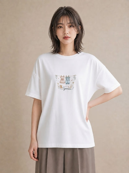 半袖Tシャツ レディース 洗濯物 風 ナチュラル アンティーク イラスト きれいめ レイヤード 友達ギフト 白T YMAZO