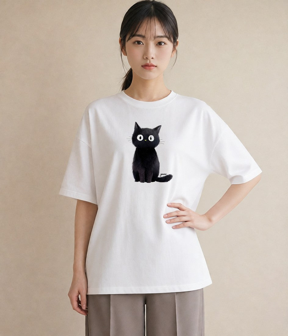 Tシャツ レディース 黒猫 猫 ねこ イラスト 旅行コーデ 海 カフェ巡り 白T YMAZO