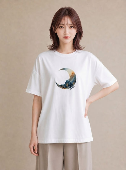 グラフィックTシャツ レディース 青の水彩 風景 ブルー ナチュラル アンティーク イラスト ゆるコーデ 自分用 ルームウェア 白T YMAZO