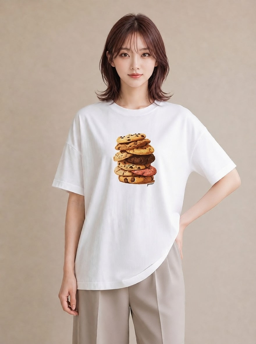 プリントTシャツ レディース クッキー 食べ物 フード イラスト ラフ 女性向けギフト 散歩 白T YMAZO