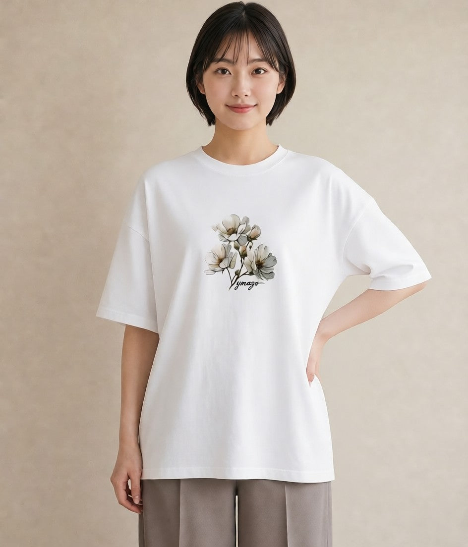グラフィックTシャツ レディース 椿 花 花柄 イラスト ニュアンス ラフ レイヤード 白T YMAZO