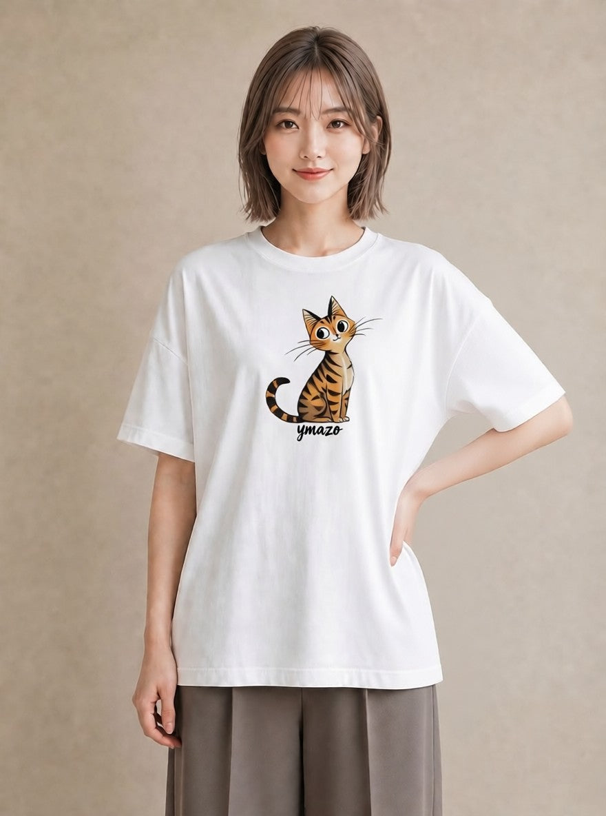 Tシャツ レディース キジトラ 猫 ねこ イラスト モード ビーチ デイリーウェア 白T YMAZO