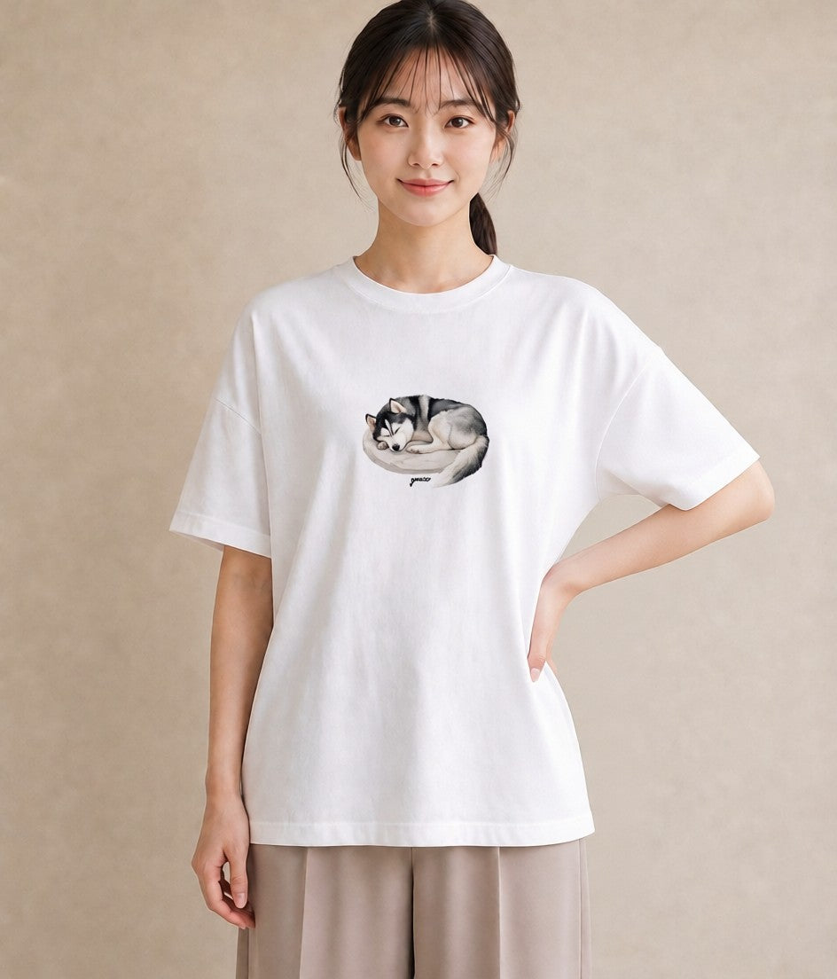 Tシャツ レディース シベリアンハスキー 犬 いぬ イラスト ヴィンテージ風 週末コーデ 敬老の日 白T YMAZO