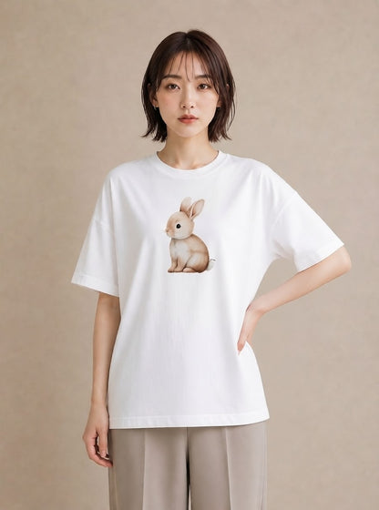 Tシャツ レディース ウサギ系野生 動物 アニマル イラスト きれいめカジュアル ホワイトデー 春服 白T YMAZO