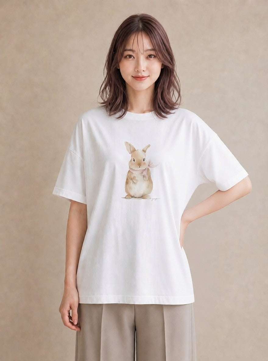 Tシャツ レディース ロップイヤー ペット 動物 イラスト ラフカジュアル 女子会 お揃い 白T YMAZO