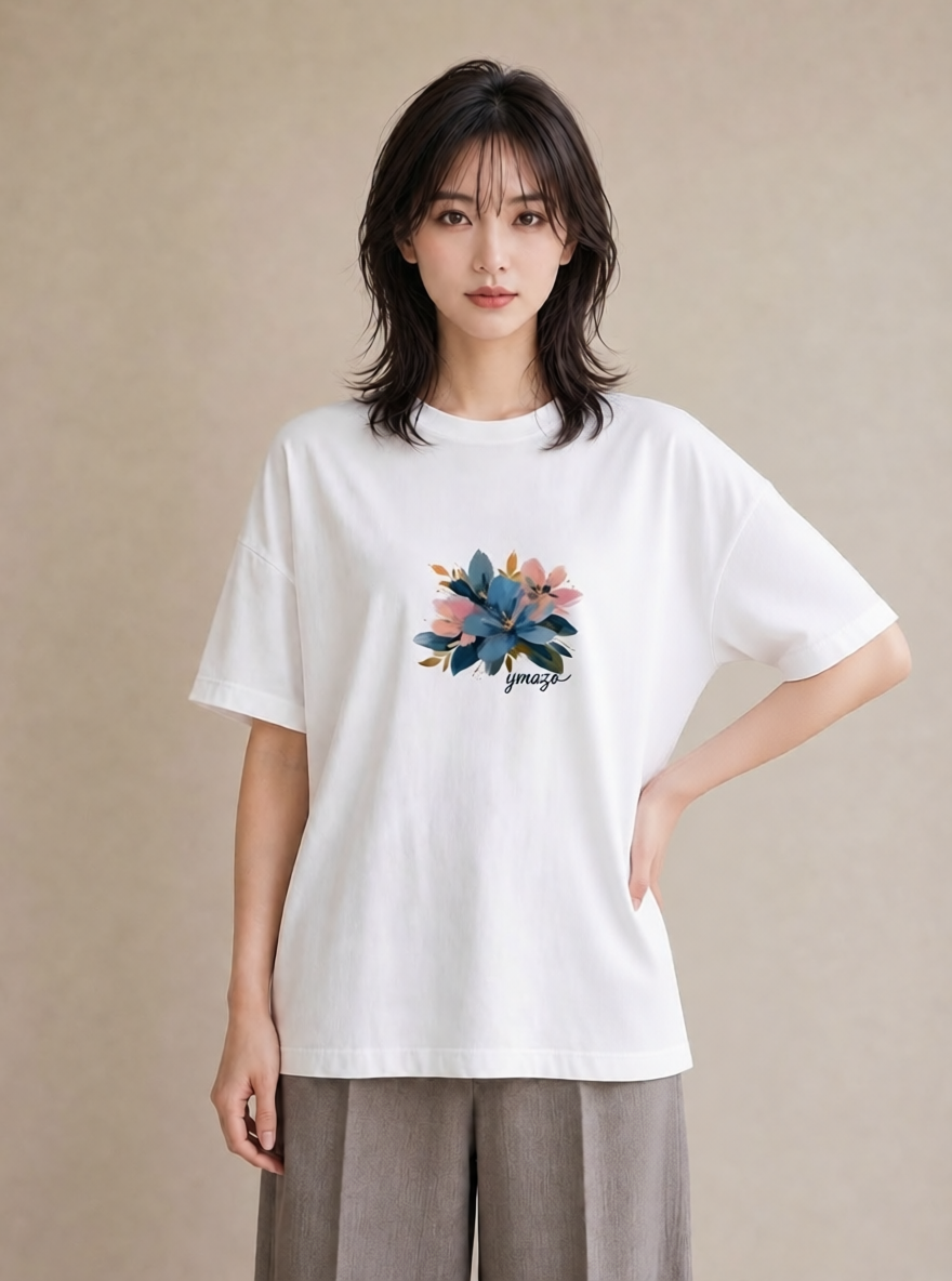 グラフィックTシャツ レディース 花 花柄 イラスト きれいめ 自分用 ルームウェア 白T