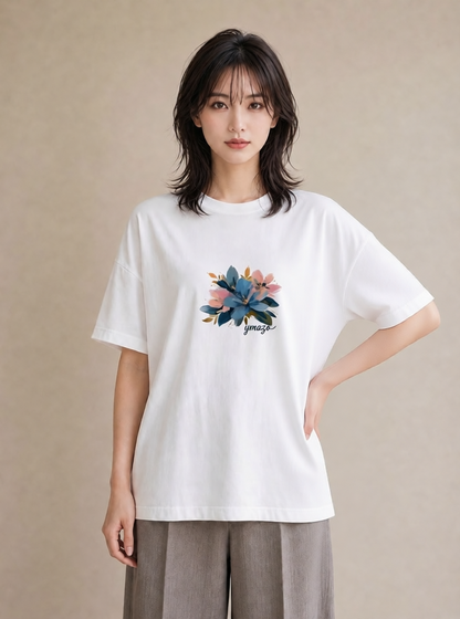 グラフィックTシャツ レディース 花 花柄 イラスト きれいめ 自分用 ルームウェア 白T
