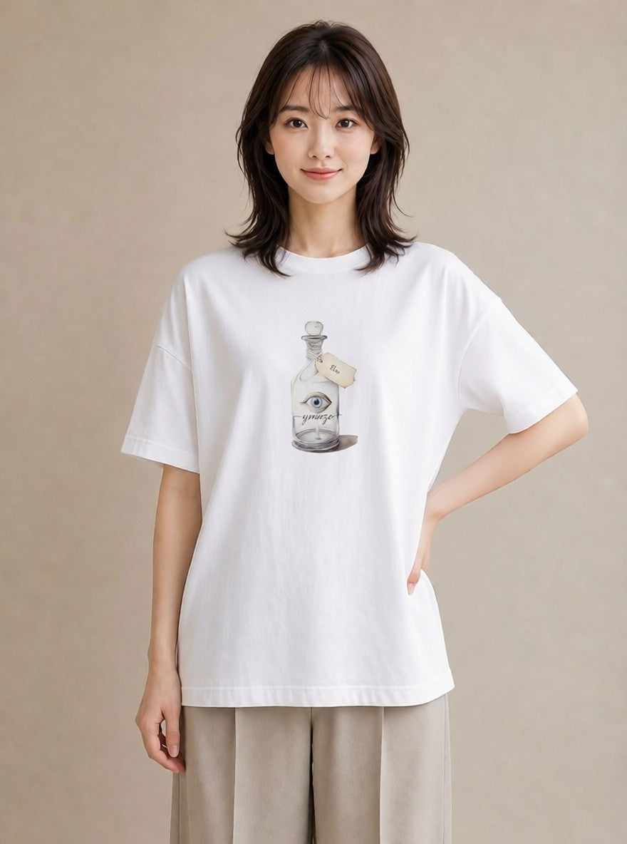 Tシャツ レディース ガラス瓶 小枝 ボタニカル ナチュラル アンティーク イラスト カジュアル 自分用 ルームウェア 白T YMAZO